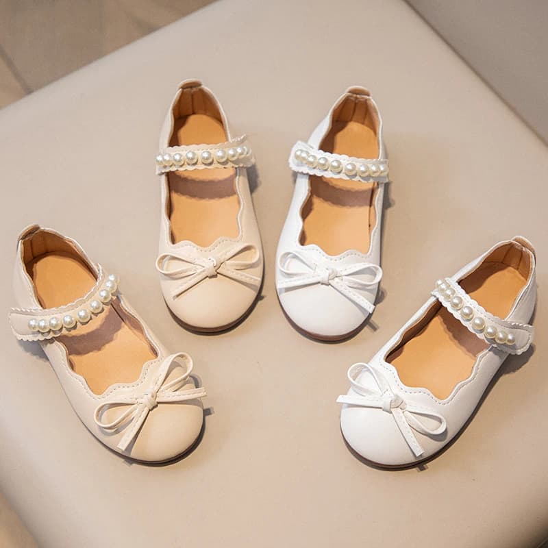 Scarpe Mary Jane in Pelle Opaca per Bambine con Cinturino di Perle, Fiocco Decorativo, Bordo Smerlato e Chiusura in Velcro, Calzature Casual da Principessa per Feste