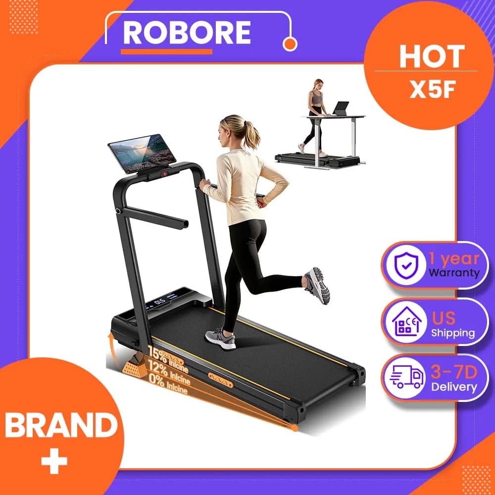 ROBORE X5F Foldable Incline Treadmill for Home, 15% Manual Incline Walking Pad with Handles, Quiet Brushless Motor, 330lbs Capacity, Under Desk Treadmill, LED Display, Wireless Remote Control, Joint-Friendly Running Belt
