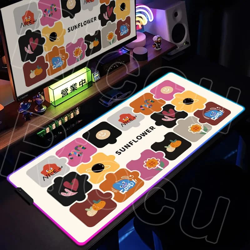 Tappetino per Mouse RGB HD con Motivi Cartoon, Antiscivolo, XXL, per Ufficio e Gaming, LED, per Tastiera e Computer