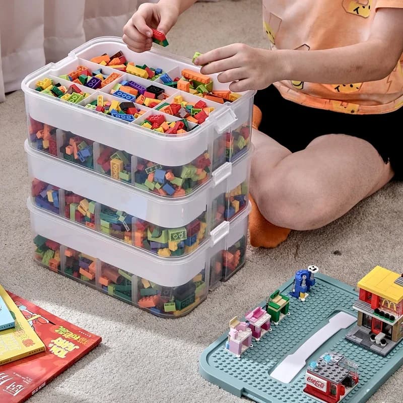 Contenitore portaoggetti a 3 strati per blocchi da costruzione per bambini, regolabile, compatibile con Lego, in plastica con maniglia, organizer per giocattoli a griglia ​ It