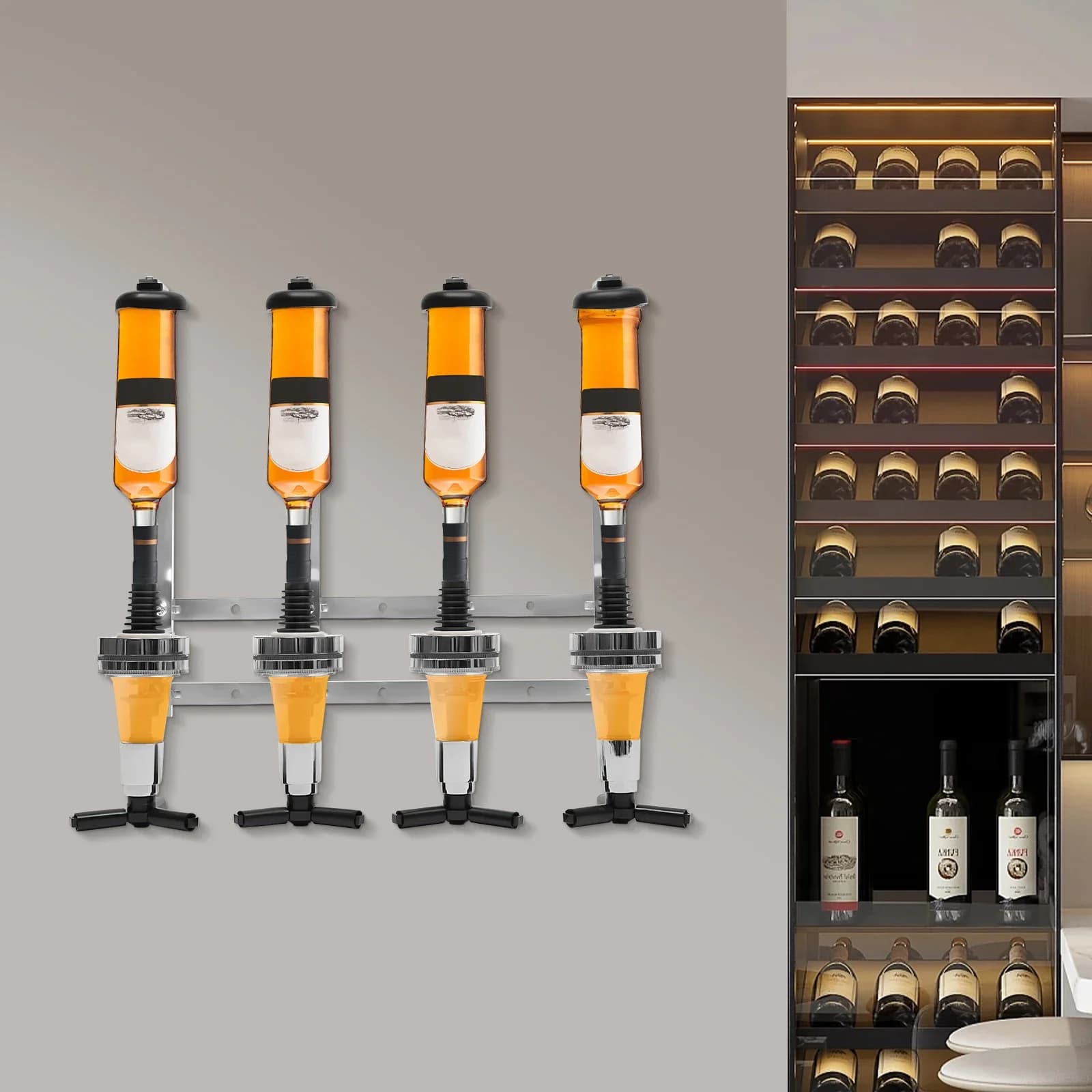 Dispenser per liquori da 4 bottiglie Supporto per cocktail shaker a parete Dispenser per bevande Manici con valvola lunga Divisore per alcol da cocktail