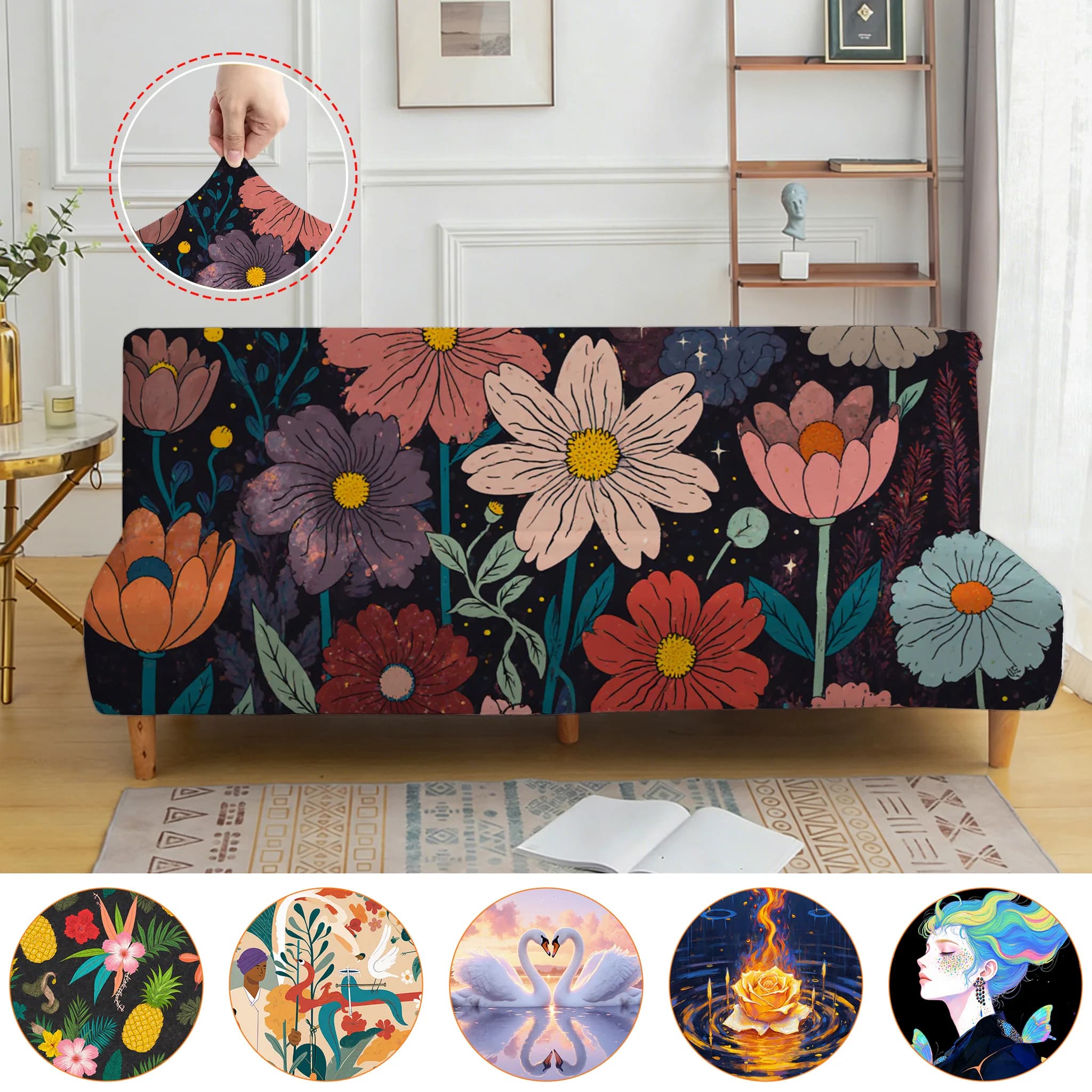Colorful Floral Print Black Background Whimsical Art Style Stretch Futon Sofa Bed Cover