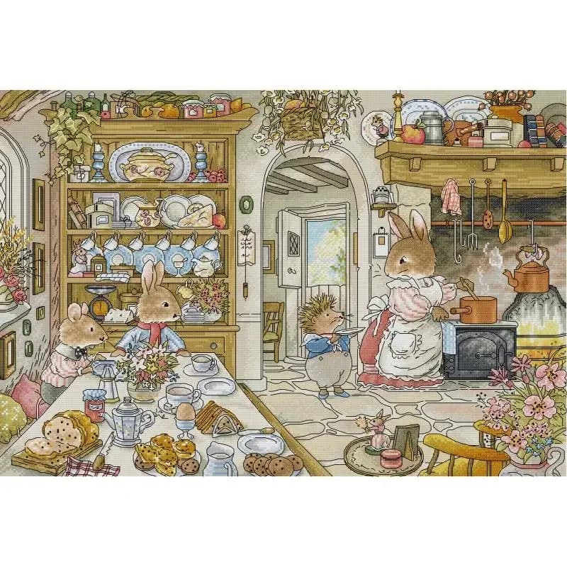 Rabbit's Kitchen Cartoon Animal Pattern Cross Stitch Kit 14CT 16CT 11CT Canvas Printing Embroidery Set DIY Handmade Needlework
