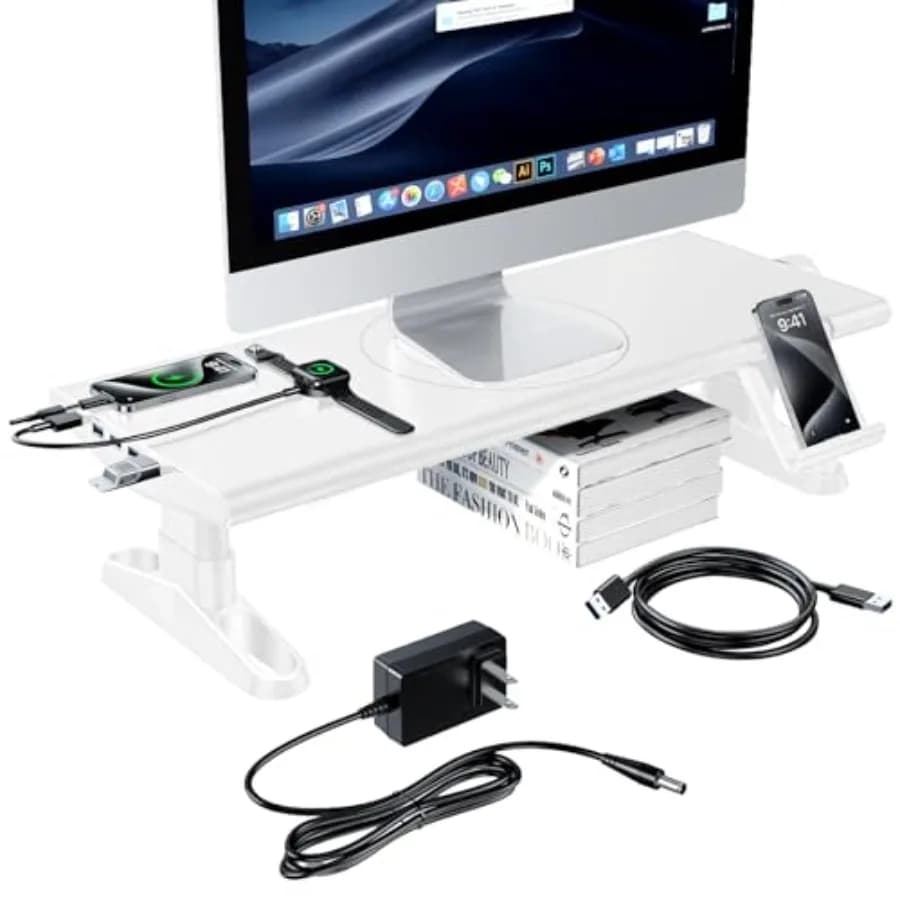 Supporto per monitor da scrivania: in lega di alluminio bianca, regolabile in altezza da 4,4-5,7'' con docking station USB-C da 30W.