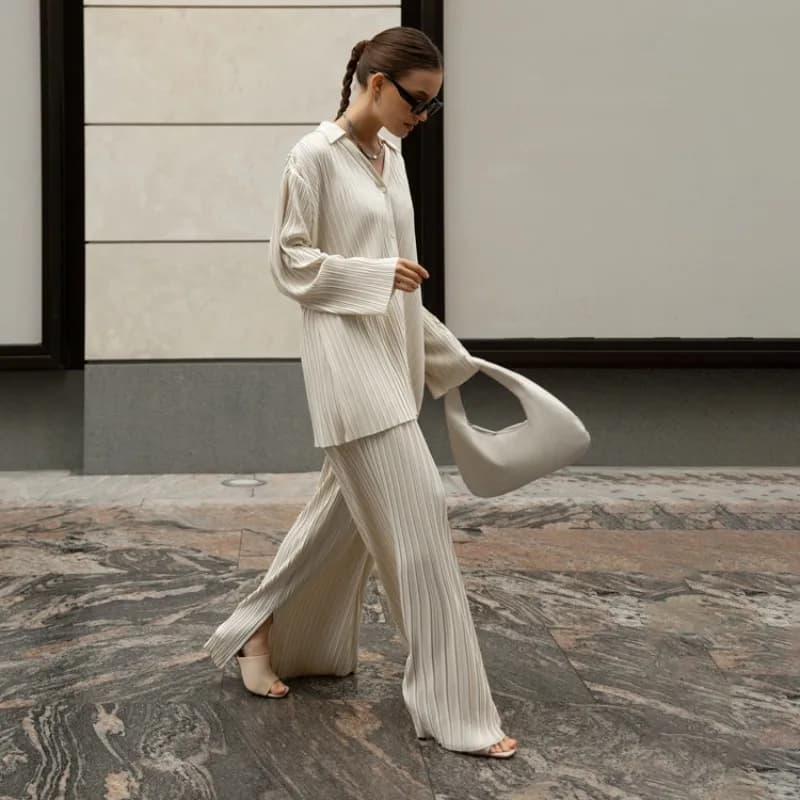 Autumn Women Trousers Set Elegant Long Sleeve Button Down Shirt Wide Leg Pants Two Piece Pajamas Set Y2K Pleated Loungewear