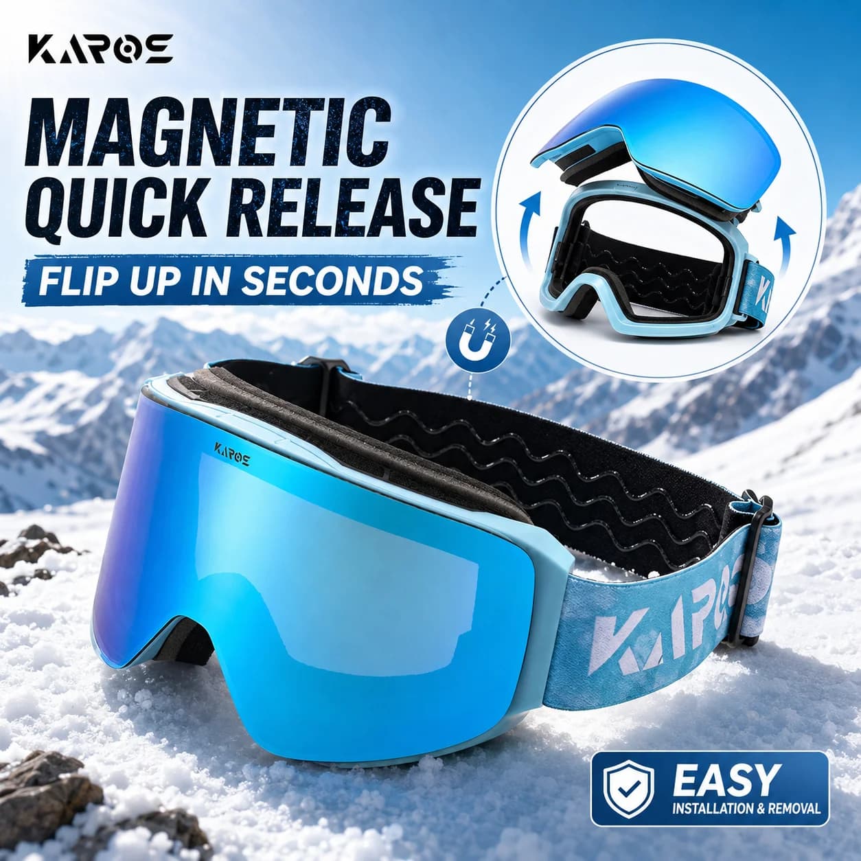 KAROS Magnetic Flip-Up Ski Goggles Double Anti-Fog UV400 Wide Vision Snowboard Goggles for Skiing Winter Sports KH002