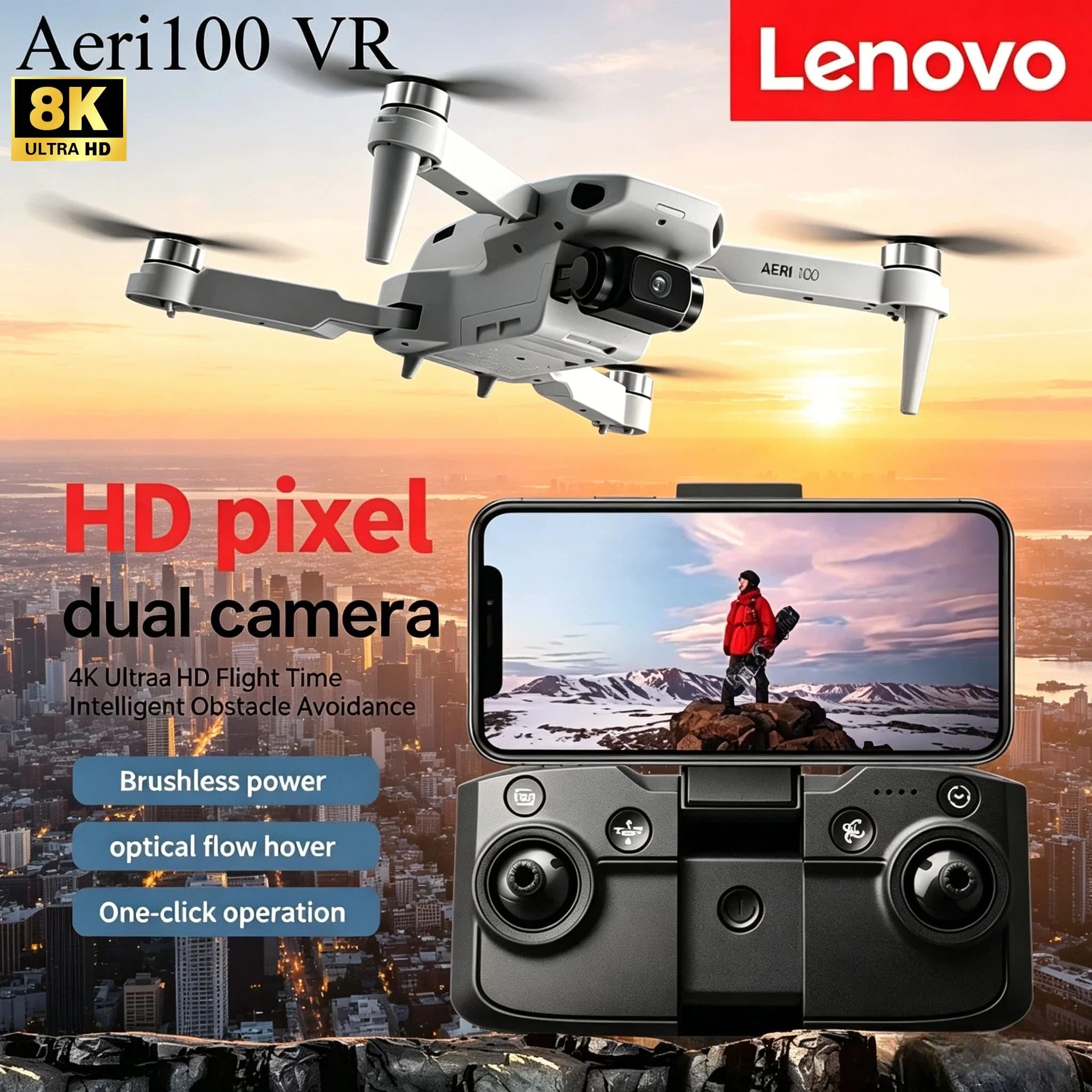 Drone Lenovo Aeri100VR 8K con Schermo e Telecomando, Quadricottero RC GPS 5G FPV, Elicottero per Fotografia Aerea, Giocattolo Regalo per Bambini