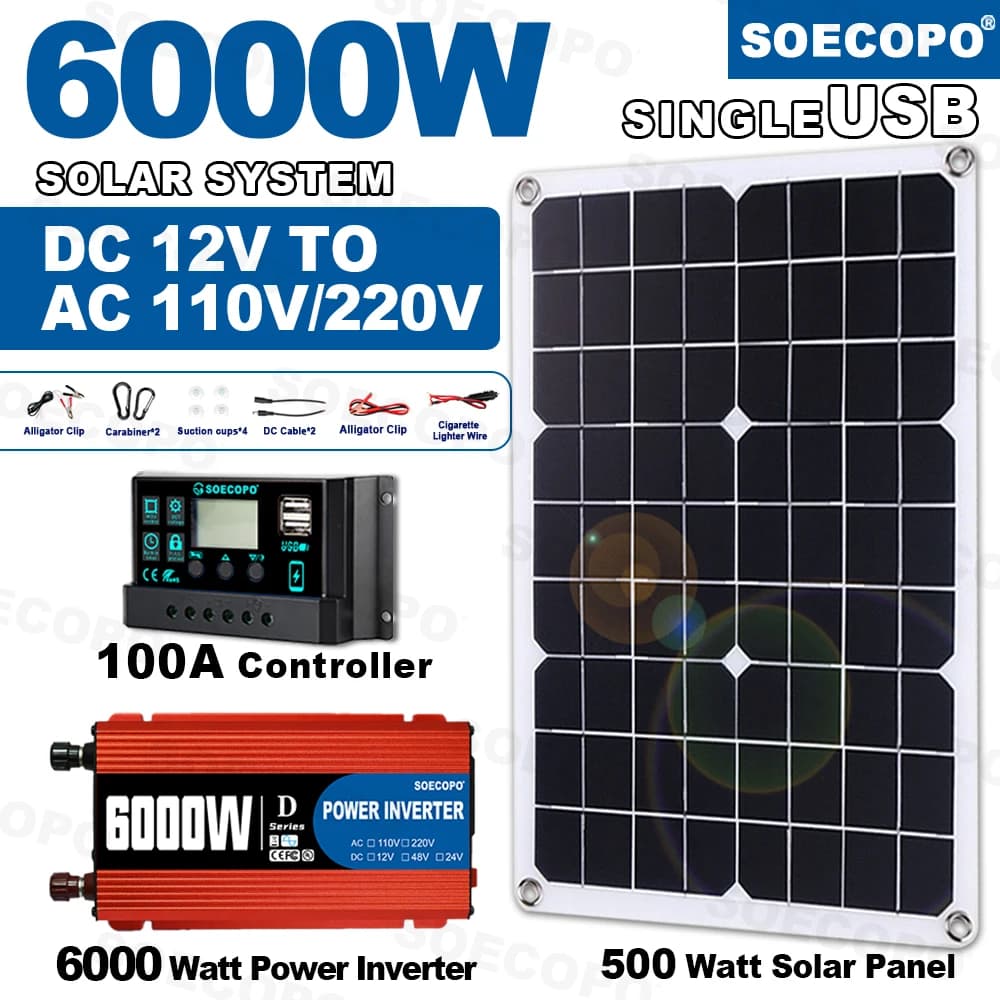SOECOPO 6000W Sistema Kit completo Pannello solare da 500W DC 12V a AC 110V/220V Inverter 100A Controller off-grid per casa/campeggio