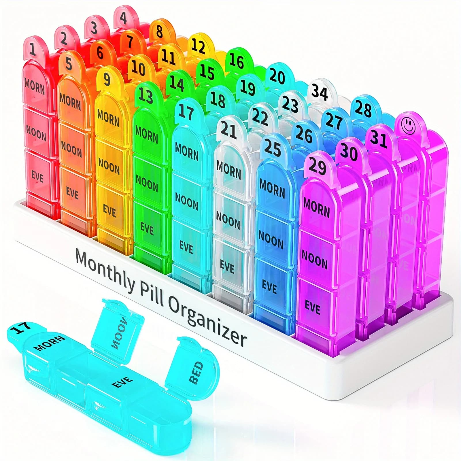 1 set of monthly pills 4 times a day, 30 days supply with rainbow compartment, portable case for medicines and vitamins