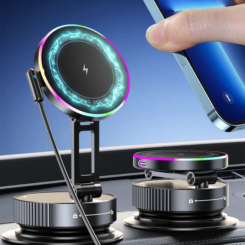 Caricabatterie wireless magnetico per auto 360 ° Supporto per telefono con ventosa sottovuoto Rotatopn RGB Light per staffa per cellulare iPhone 17~12