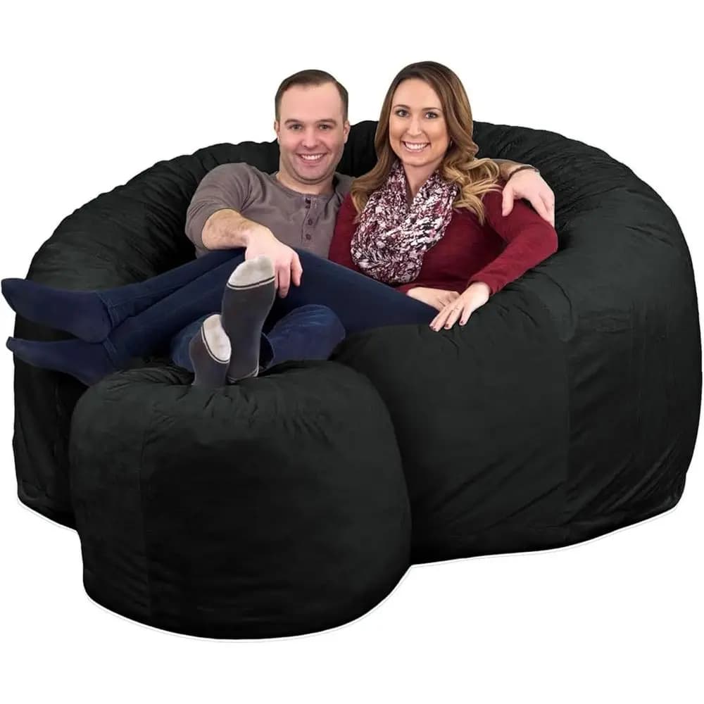 Poltrona Sacco Oversize da 180 cm con Poggiapiedi, Rivestimento in Camoscio Nero - Perfetta per Salotto, Seduta a Terra, Alternativa al Divano, Gaming o Relax