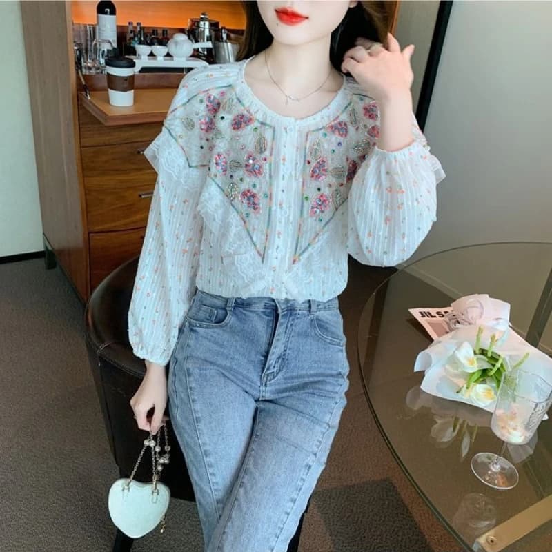Camicetta con Paillettes Stile Vintage da Donna, Nuova Moda Primavera-Autunno 2026, Top Casual per Uso Quotidiano