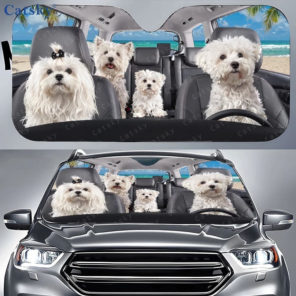 Car parasol with image of three white dogs sitting in the back seat, front window sunshade of the car