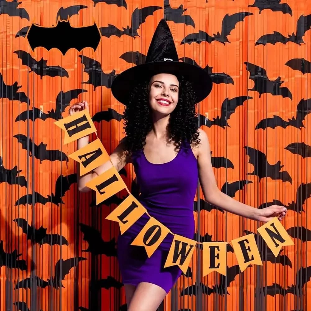 Black Bat Pattern Halloween Backdrop Fringe Curtain Foil Streamer Halloween Tinsel Curtain Sparkly Glitter Self-Adhesive
