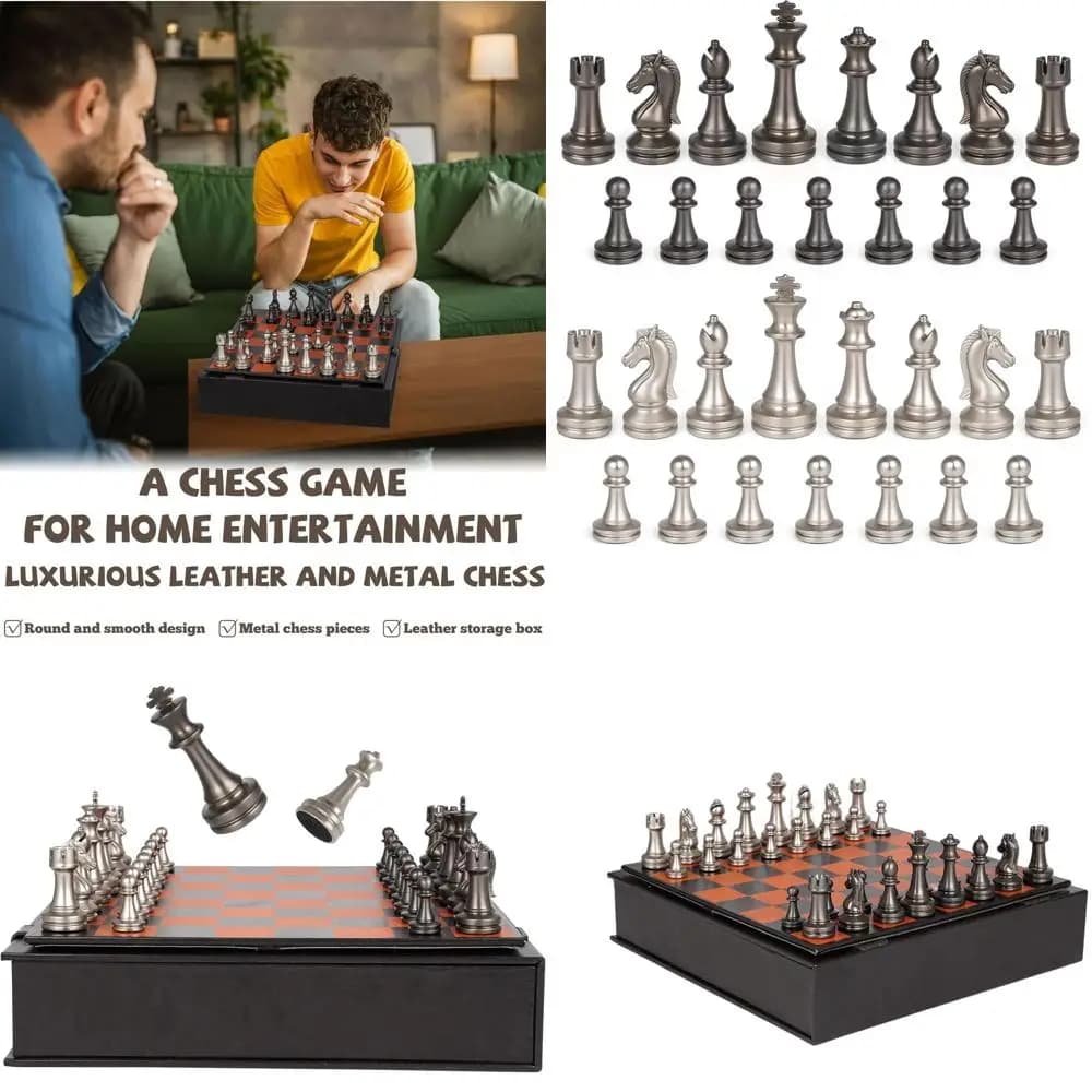 Set di 12 scacchi portatili in pelle con pezzi metallici ponderati - Gioco da tavolo per scacchi da viaggio per adulti e bambini