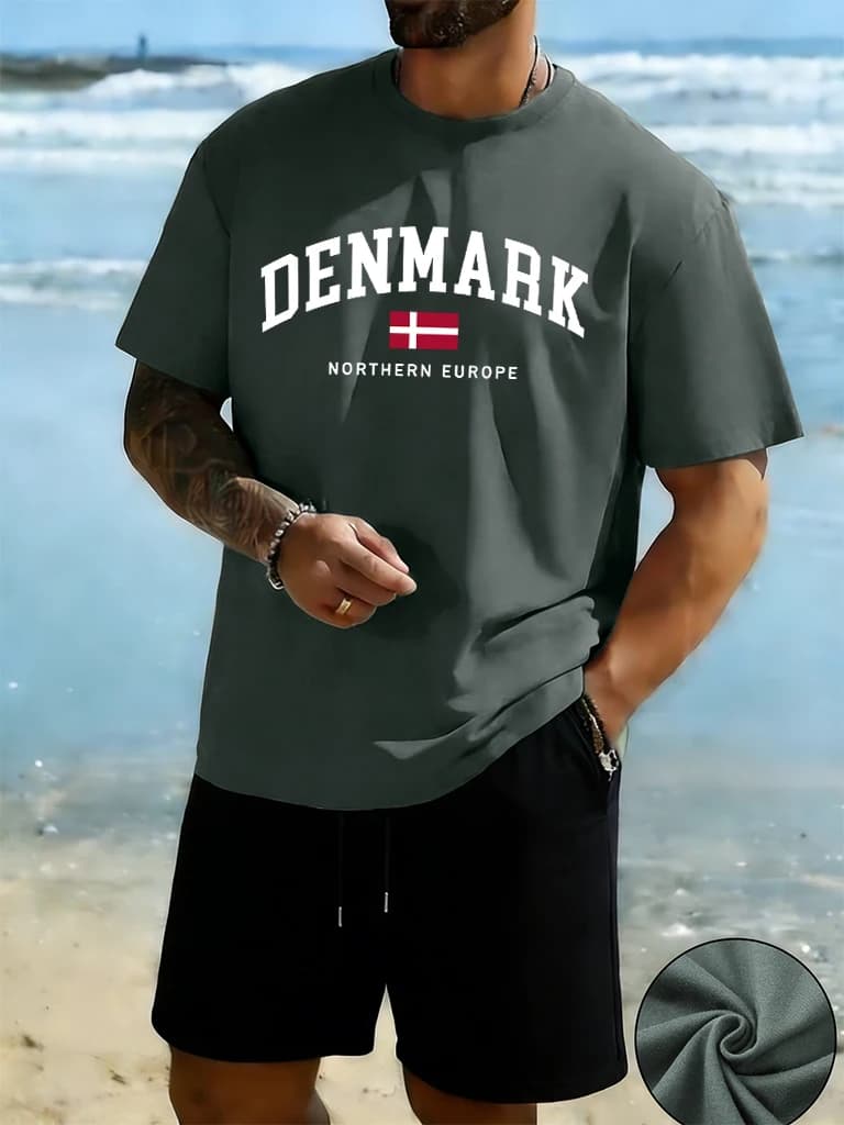 Denmark Northern Europe Flag Pattern O-Neck Breathable All-Match Tops Man'S Sets Cotton Commute T-Shirt Beach Summer Pants