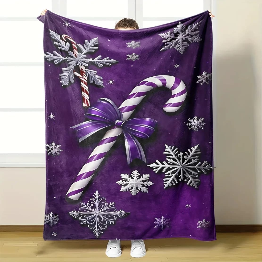 Coperta natalizia in flanella con fiocchi di neve e caramelle, stampa viola, morbida, calda, multifunzionale, per viaggi in ufficio, regalo di Natale perfetto