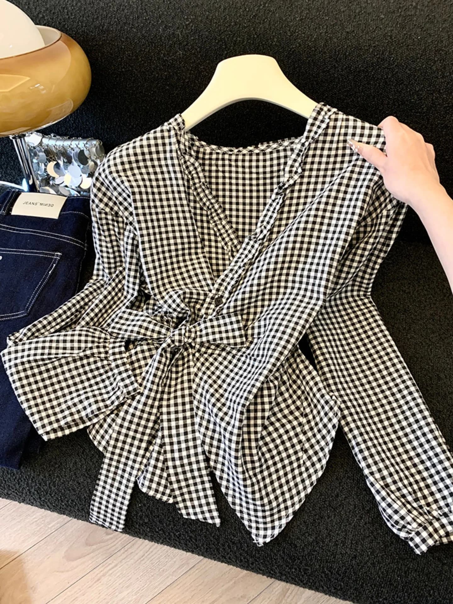 Korean Style Plaid Shirt Women's Spring New Design V-neck Long Sleeve Waist-cinching Slimming Top Bowed Waist Gridded Blouse