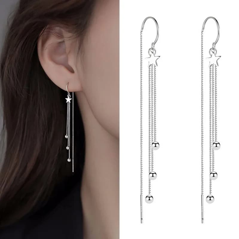 Long Chain Earrings with Five Tips Star for Women and Girls, Elegant Wedding Jewel in Silver Color