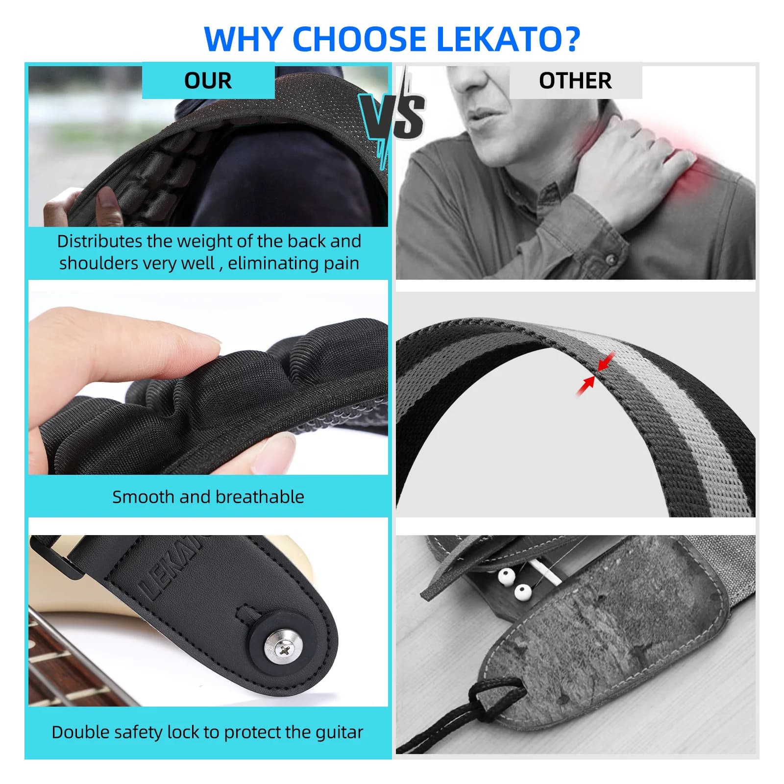 Tracolla per chitarra Stage Essential Air-Pad - Lekato 3,5" di larghezza con contenitore per plettro integrato e lunghezza regolabile