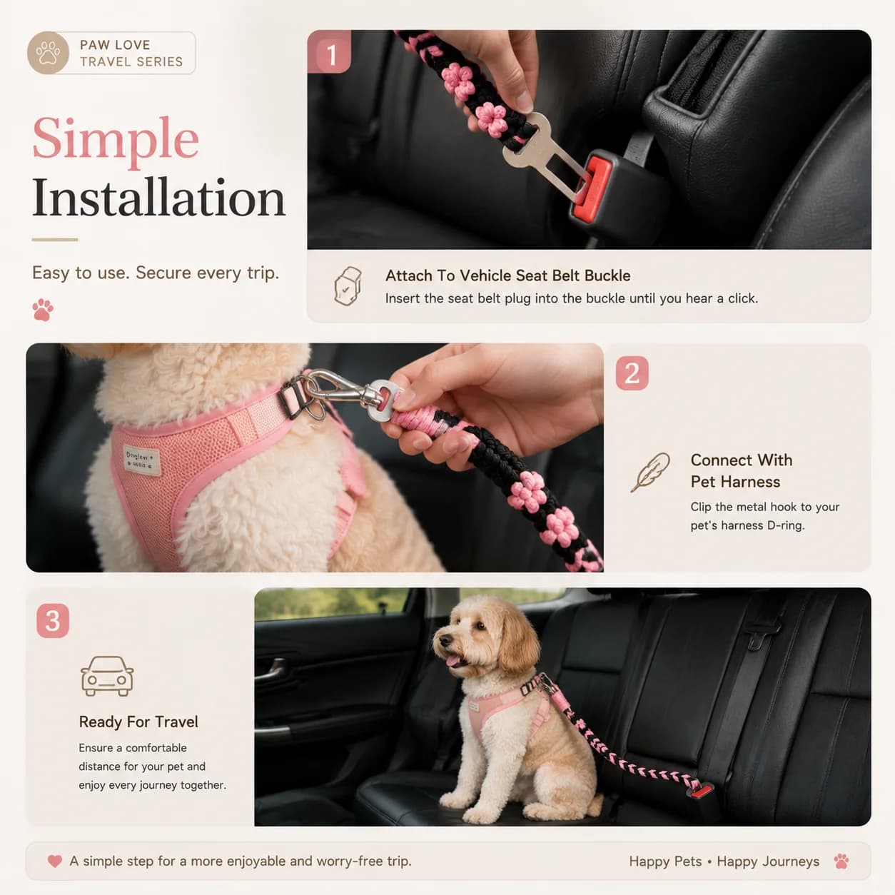Pet Car Safety Harness 70CM Adjustable No Pull Dog Car Seatbelt with Reflective Straps for Traveling Cars
