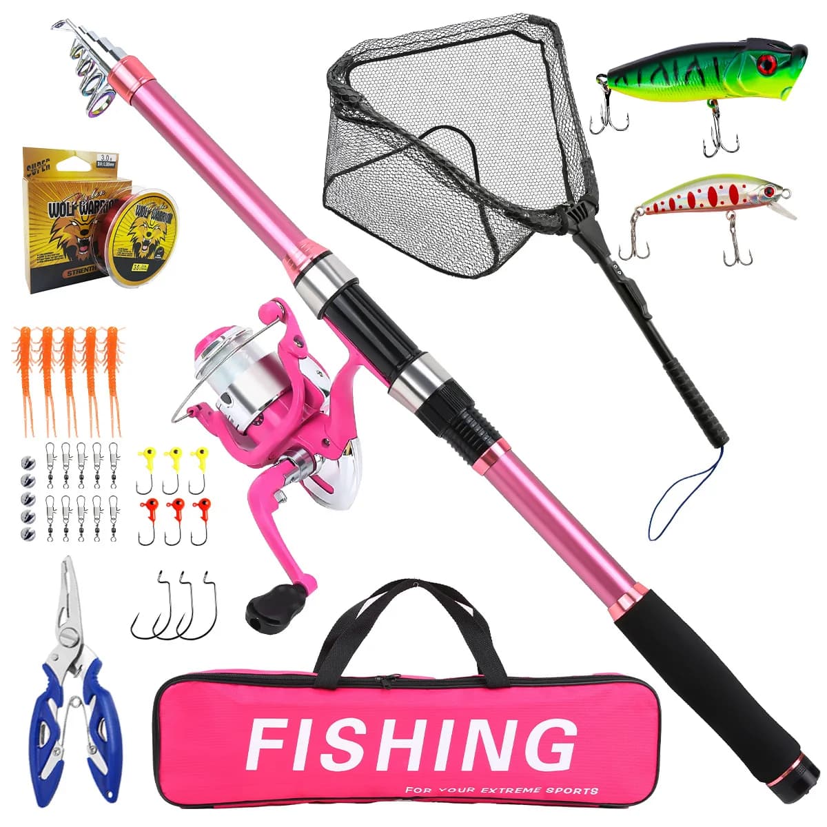 Set completo da pesca con canna telescopica, mulinello spinning, esche, ami e set da viaggio per canna, esche, ami e attrezzatura da pesca