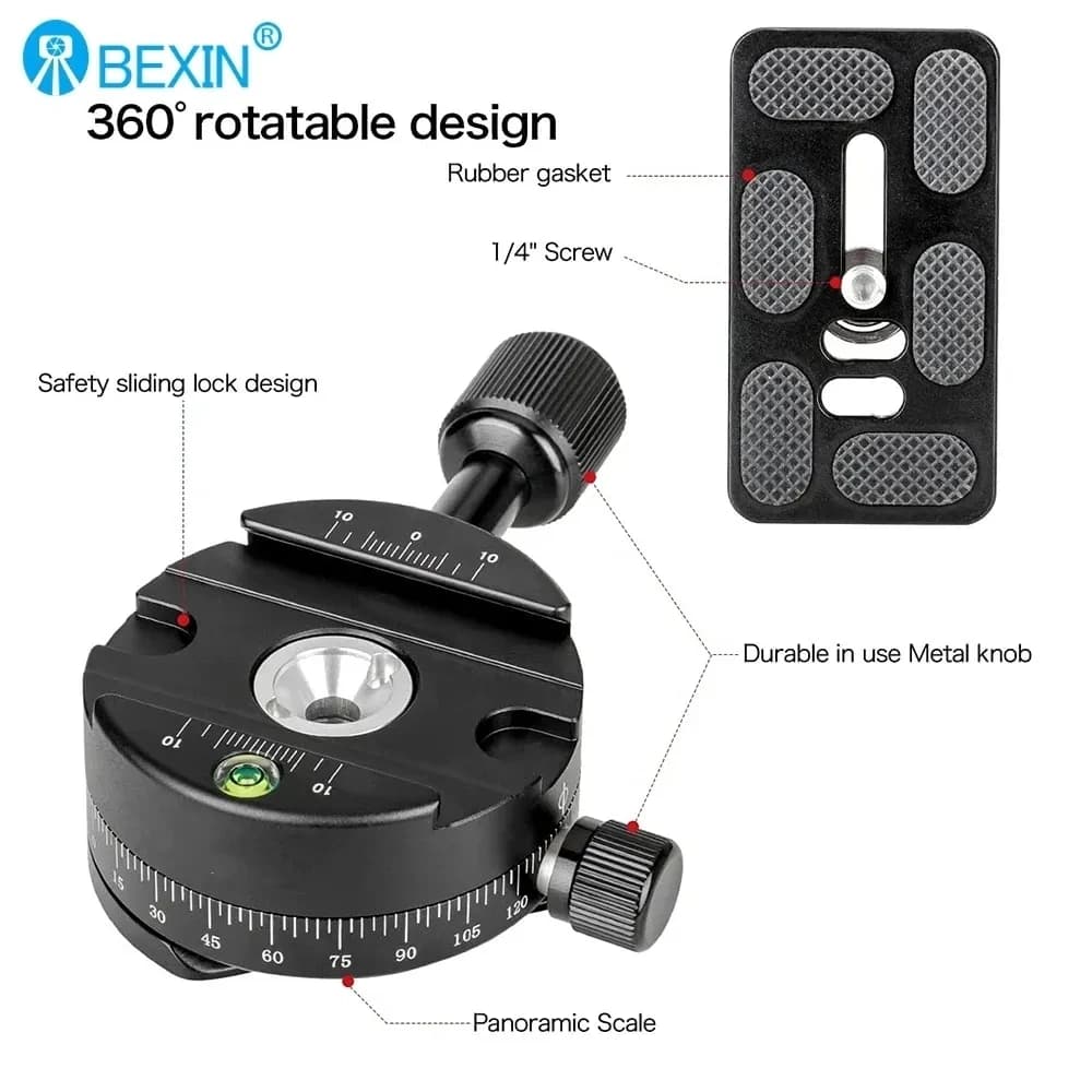 BEXIN QJ-01S Set Supporto per morsetto di conversione testa per treppiede Testa panoramica rotante a 360 gradi con piastra a sgancio rapido per treppiede per fotocamera DSLR