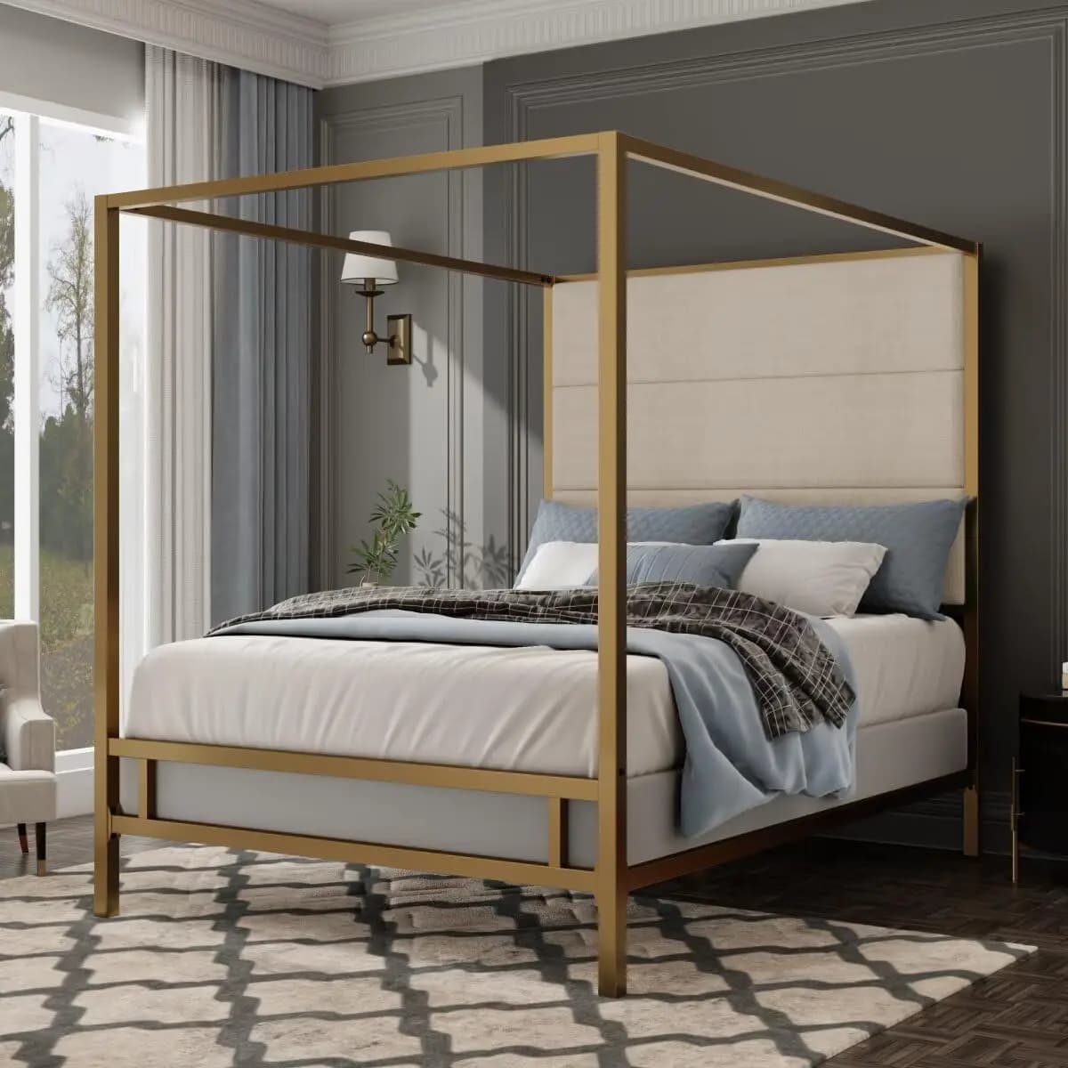 Modern golden canopy bed with high headboard padded in linen fabric, 4 poster metal bed frame, need springs, (Queen, Gold)