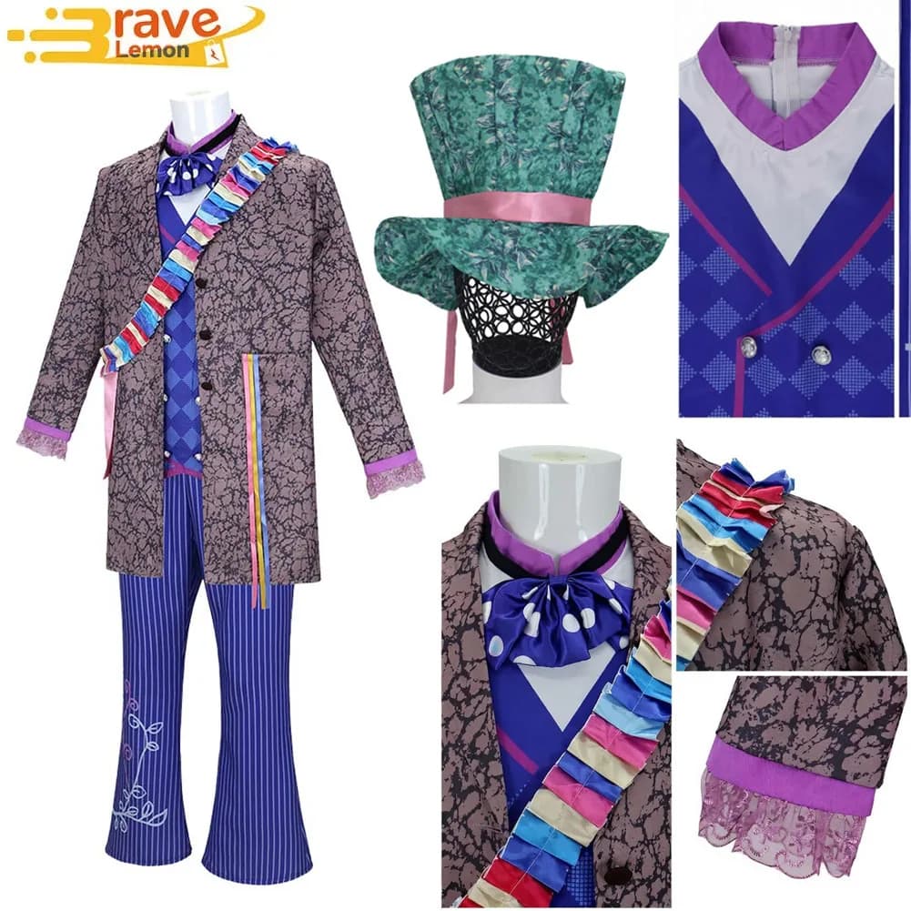 Costume da Cappellaio Pazzo di Alice nel Paese delle Meraviglie, Abito da Uomo con Cappotto, Pantaloni, Cravatta e Accessori per Halloween e Carnevale