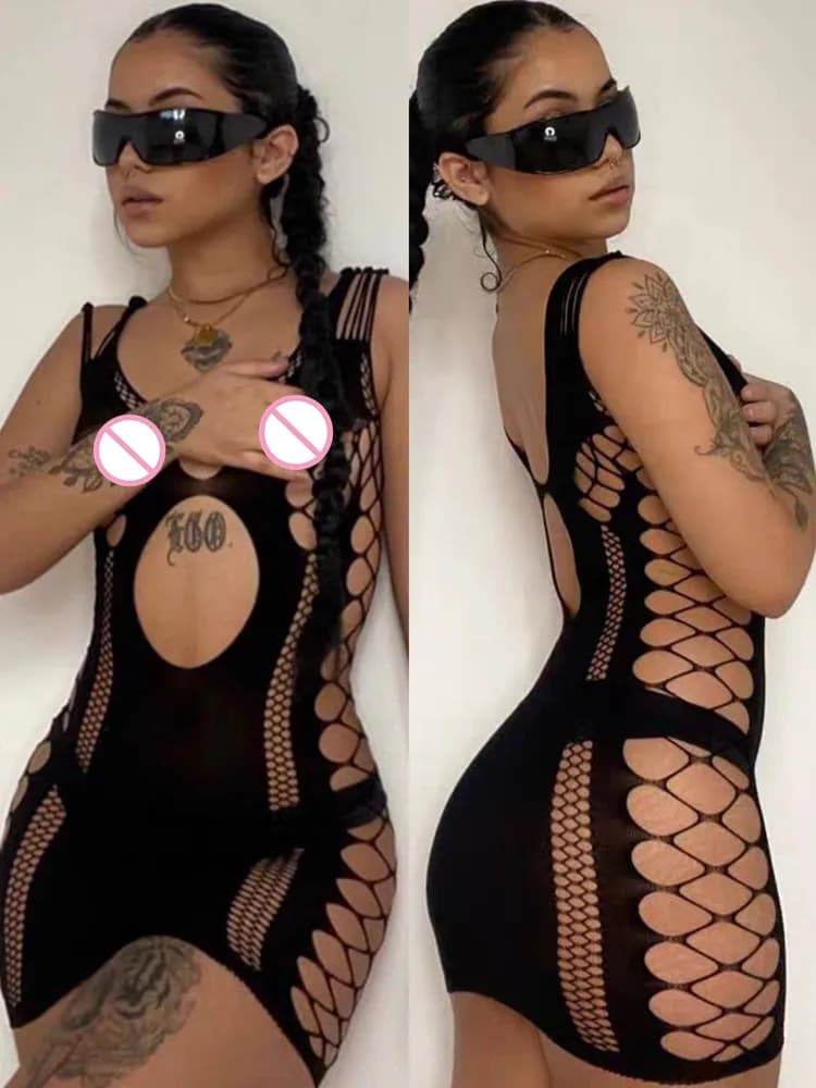 Hot Sexy Bodycon Dress Fishnet Mesh Tights Lingerie Transparent Crotchless Skirt Porn Uniform Adult Fashion Underwear Set
