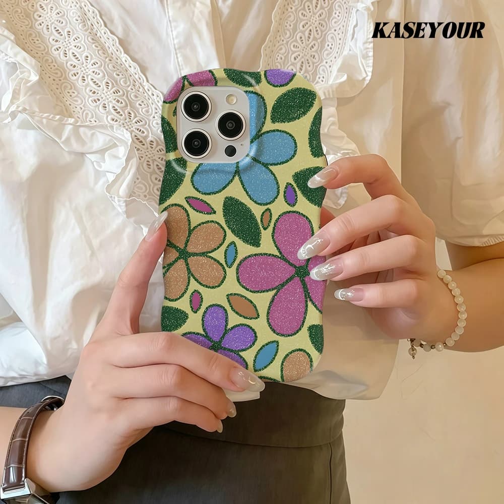 Custodia per telefono lucida 2 in 1 con motivo floreale a pastello per iPhone 13 14 15 16 17 Pro Max, cover posteriore rigida e sottile con bordi ondulati