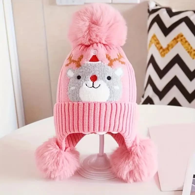 Kids Christmas Beanie - Thickened Winter Cap with Ear Flaps, Cartoon Pattern Holiday Hat for Boys & Girls