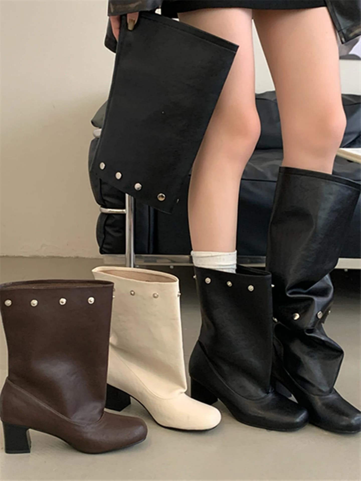 Detachable Over-The-Knee High-Tube Boots with Rivets Thick Heel Fashionable Slimming Design Summer New Style Retro Boots