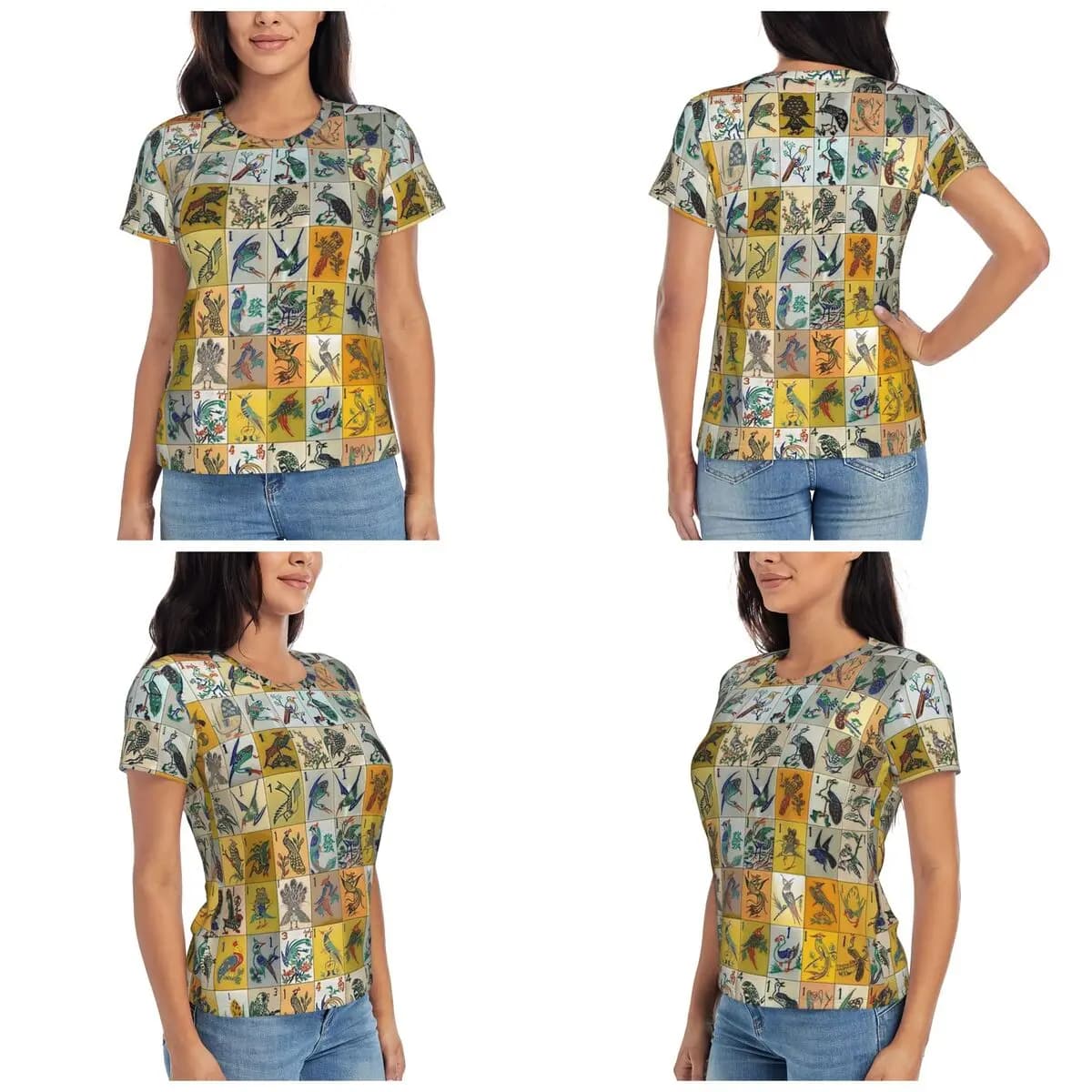 Mah Jongg Birds Mahjong Tiles T-shirt da donna a maniche corte, girocollo, in cotone, estiva, streetwear