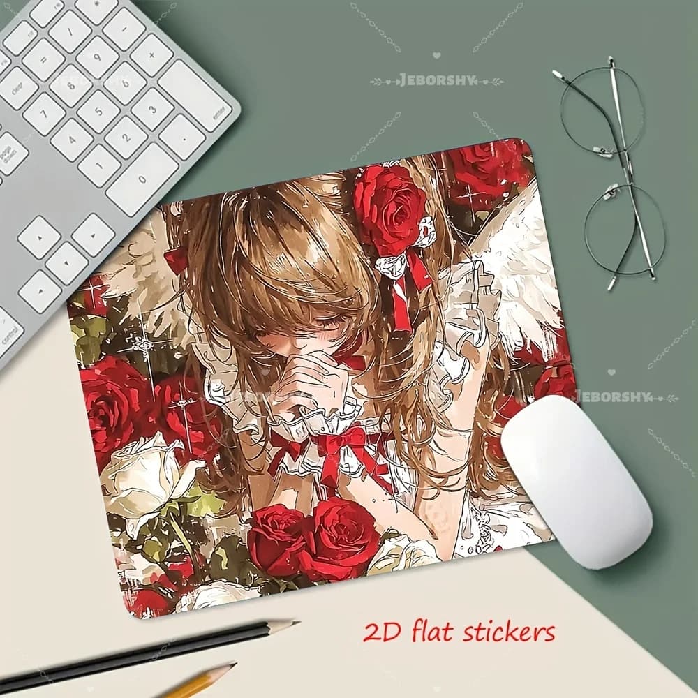 Tappetino per mouse grande con ragazza anime angelo e rose rosse, tappetino da scrivania antiscivolo per laptop da ufficio e gaming