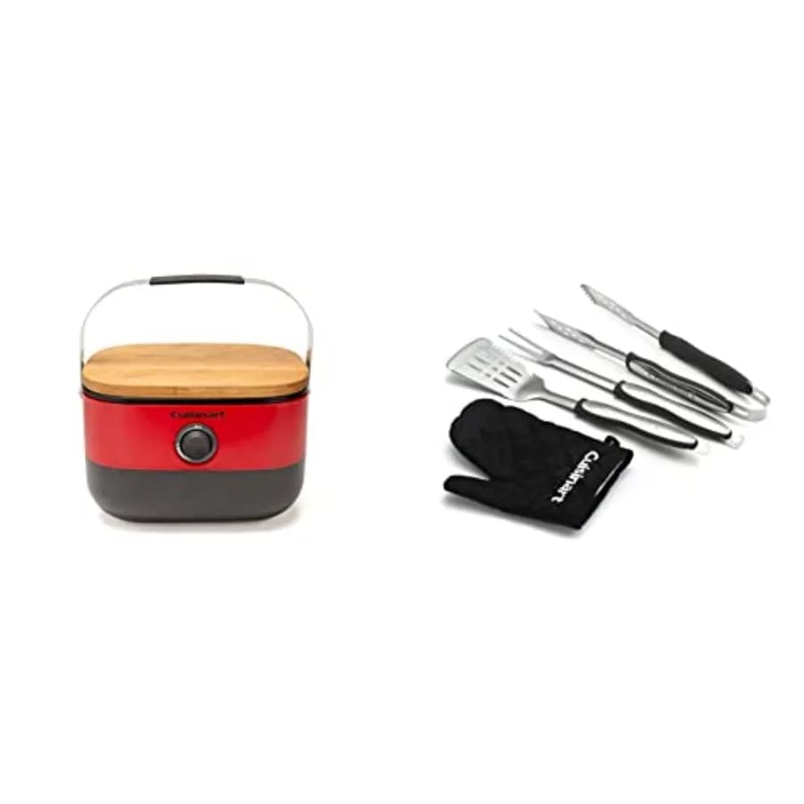 Red Portable Gas Grill with Set of 3 Black Barbecue Tools, Open Kitchen Compact Equipment, Ideal for Camping and Hiking