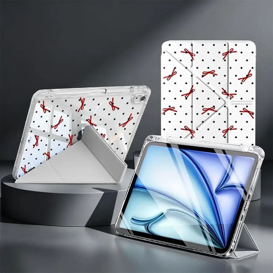 With Pen Slot Cover Tablet Case For iPad 11th Air 8 M2 M3 3 10th Gen 12th 9th Pro 13 2025 2026 Mini 7 6 5 Red Bow Polka Dot