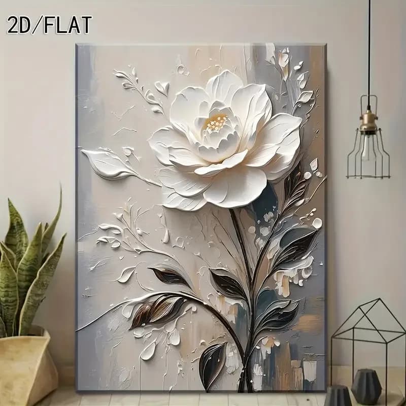 2D Flat, 1pc Modern Floral Framed Canvas Wall Art - Elegant White Flowers & Beige Background Painting, Ready-to-Hang No Frame