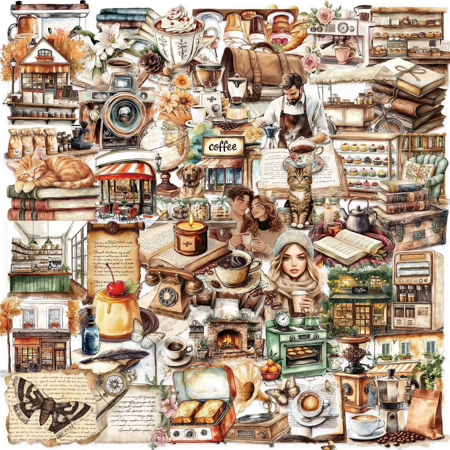 50/100 Pezzi Adesivi Trasparenti in PET Stile Retrò per Caffè, Impermeabili, Decorativi per Chitarra e Quaderni