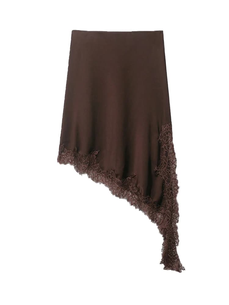 Women's High Waist Asymmetric Lace Skirt with Side Zipper Fashion Female Skirt Elegant Stain Design Mujer