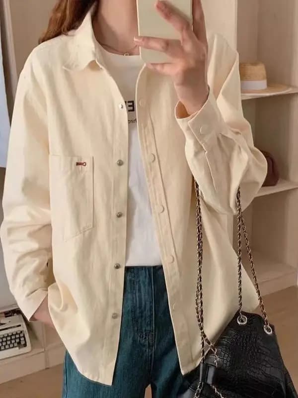 Casual Pure Color Long Sleeve Neck Shirt Women's Loose Outer Design Sense Jacket Autumn Season Artistic Style Moisture W...