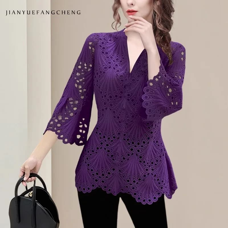 Women Spring Summer Lace Top Hollow Out Embroidered V-Neck Flared Sleeves Blouses Vintage Fashion Skinny Casual Shirts