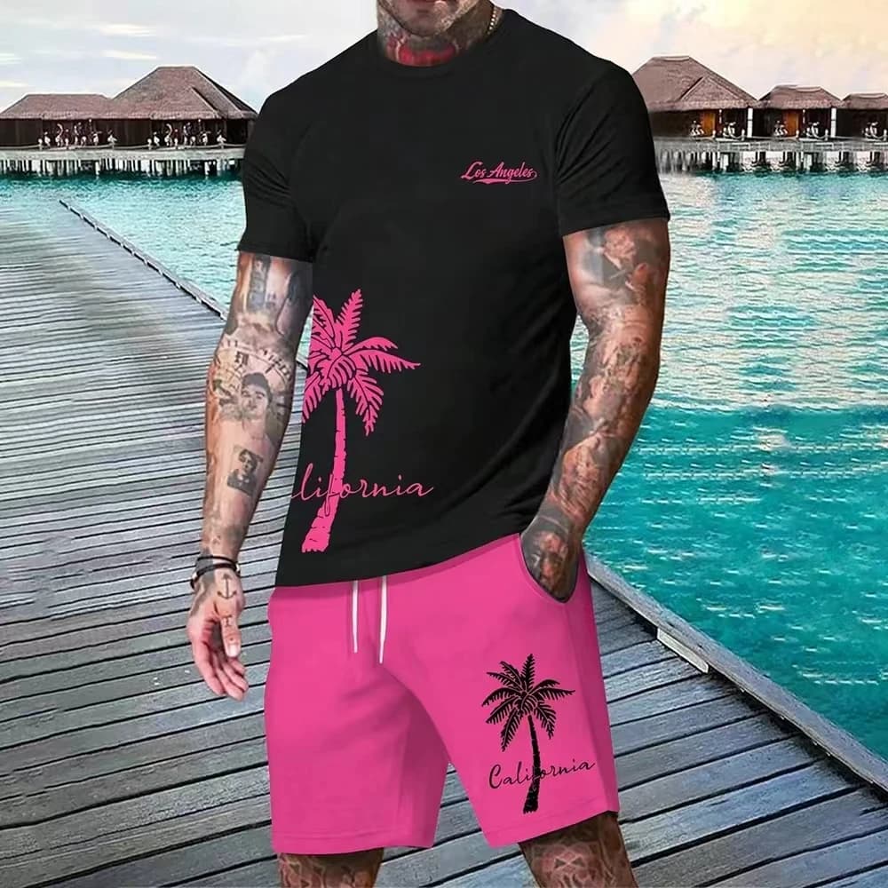 Completo da uomo, nuovo modello hawaiano con stampa a gradiente di cocco, completo estivo da spiaggia con t-shirt e pantaloni, 2 pezzi, alla moda, sportivo, taglie forti.