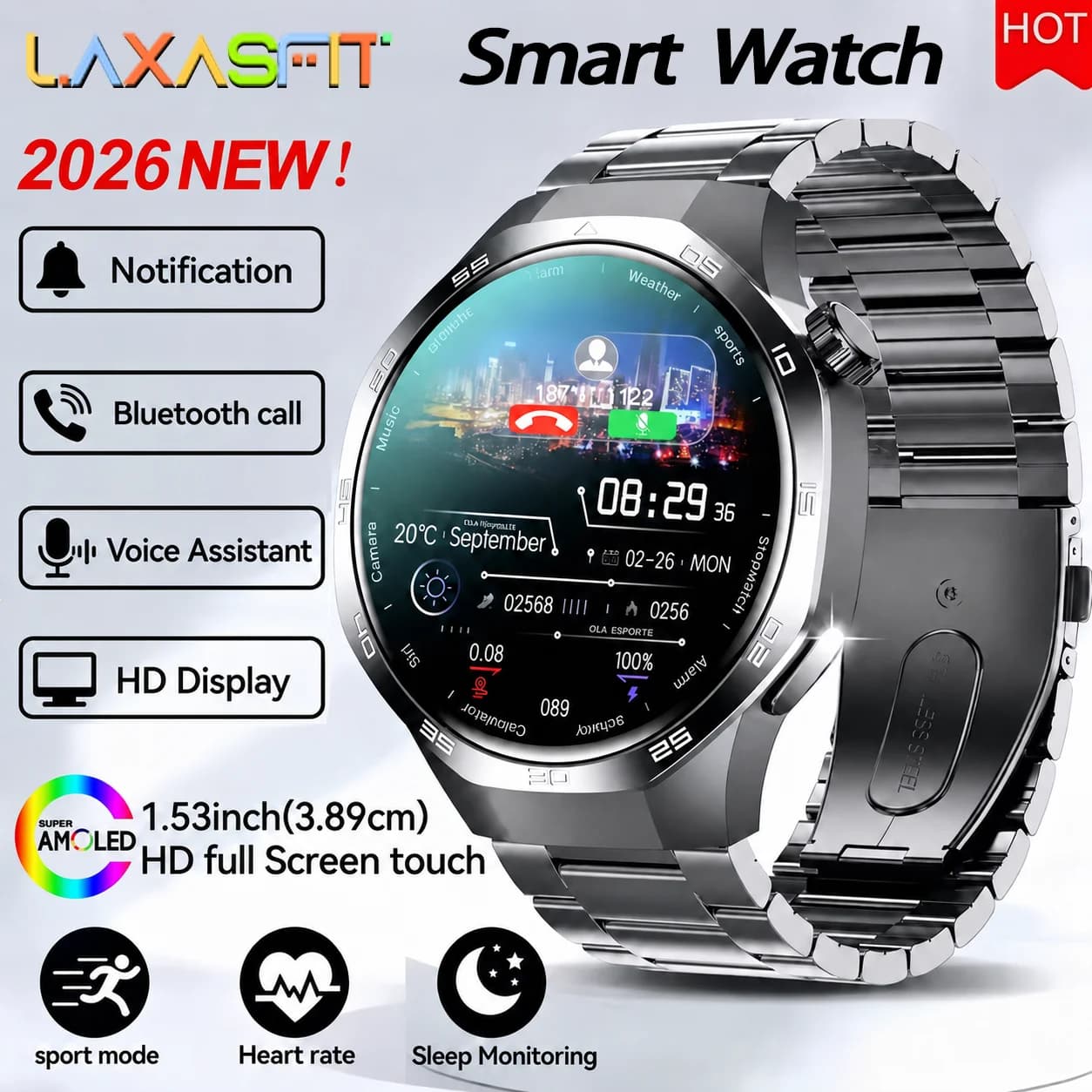 LAXASFIT Smartwatch with 1.52 Inch HD Display, Dynamic Dial, Bluetooth Call, Voice Assistant, Wireless Charging, Fitness Tracker