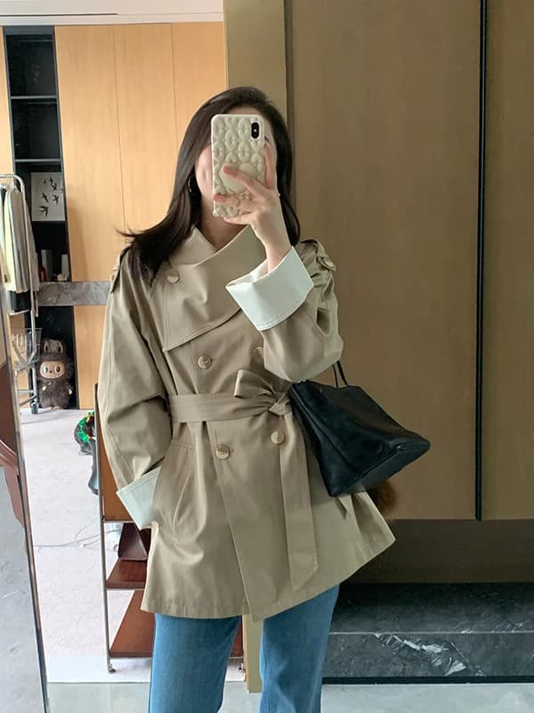 Spring Style Spliced Color Block Waist-Cinching Korean Windbreaker Khaki White Contrast Color Coat Casual Leisure Women's Jacket
