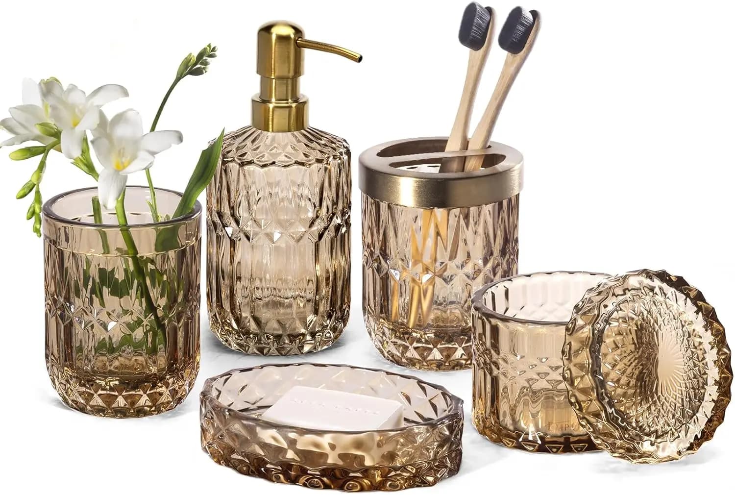 Set da Bagno in Vetro Trasparente da 6 Pezzi con Dispenser Sapone, Portasapone, Porta Accessori, Bicchiere e Vaso - Regalo Decorativo Moderno