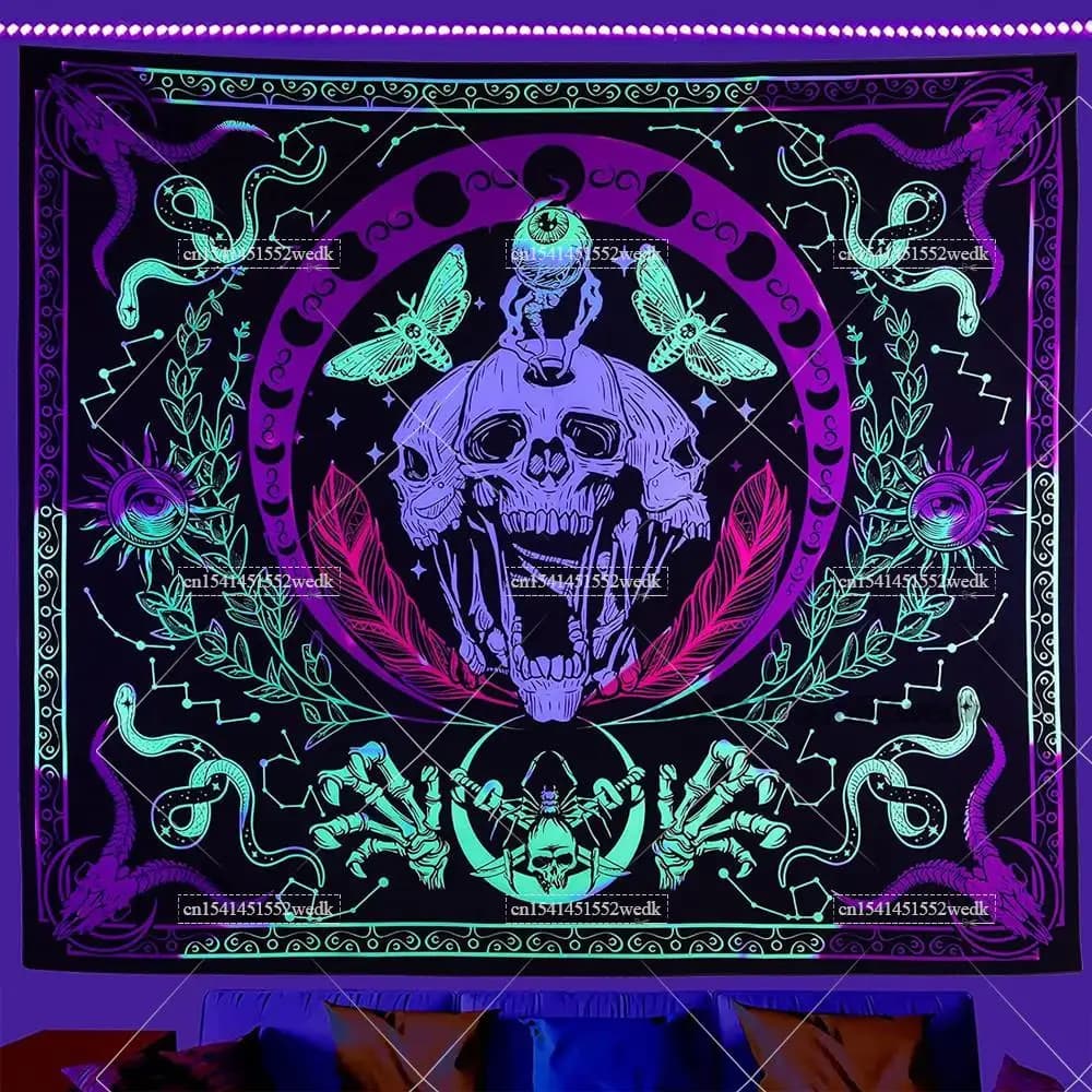 Hippie Skull Blacklight Tapestry UV Reactive Halloween Skeleton Tapestry Neon Glow In The Dark Wall Hanging estetica Room Decor