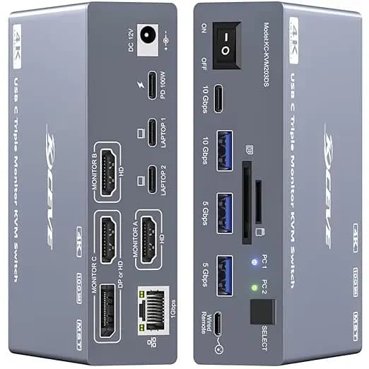 Switch KVM USB-C per 3 Monitor e 2 Laptop 4K@60Hz, Docking Station USB-C DisplayLink per 3 Monitor KVM per Windows Mac M1 M2 M3 M4