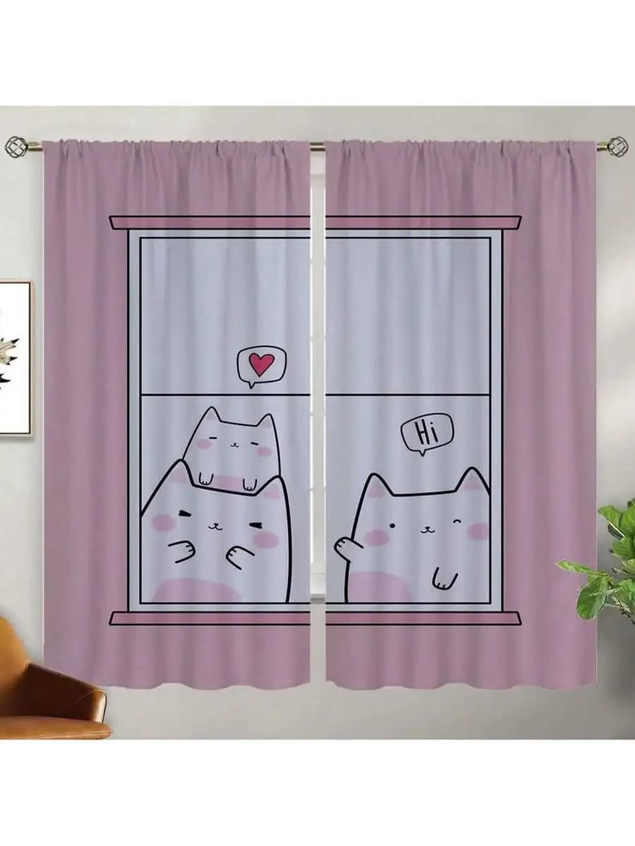 2pcs Cat Print Blackout Curtains For Window Home Decor Thermal Insulation Rod Pocket