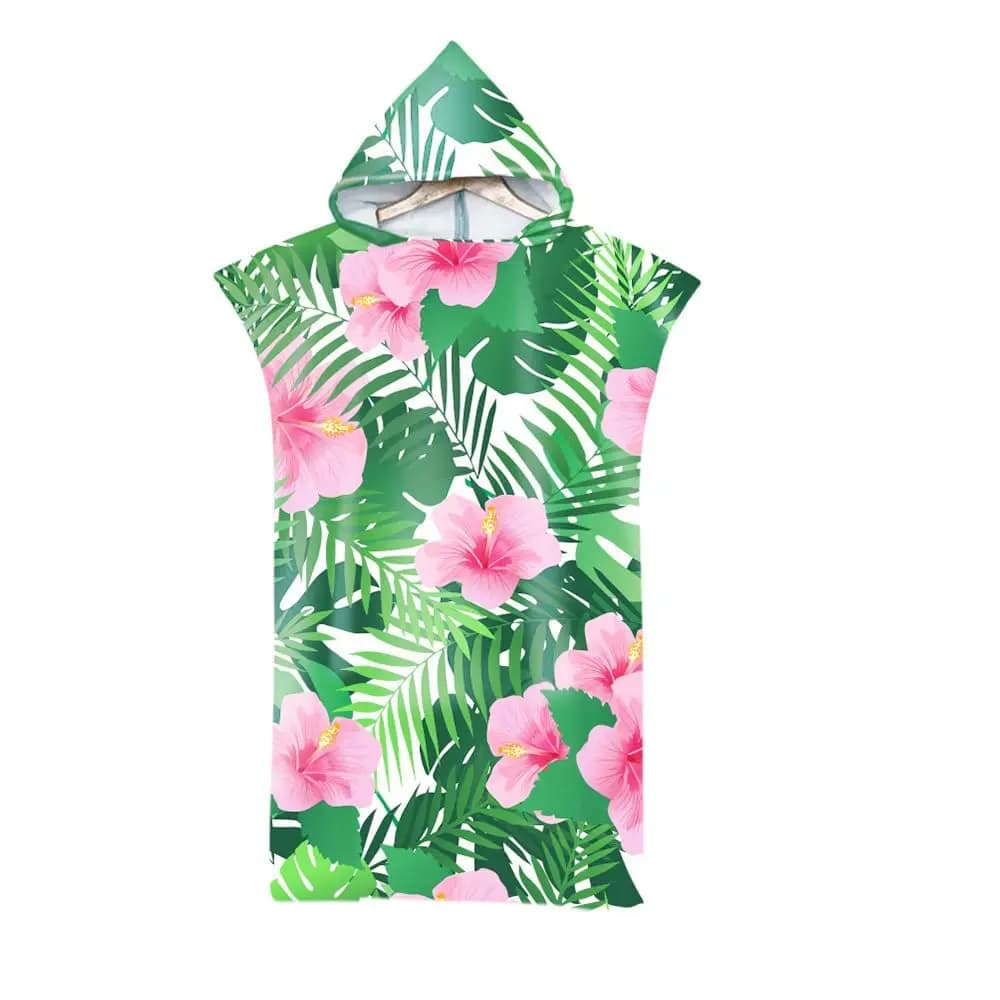 Tropical Flower Leaves Beach Towel with Hood, Summer Bath Poncho for Child Adult, Microfiber Bathrobe for Swimming Pool Surfing